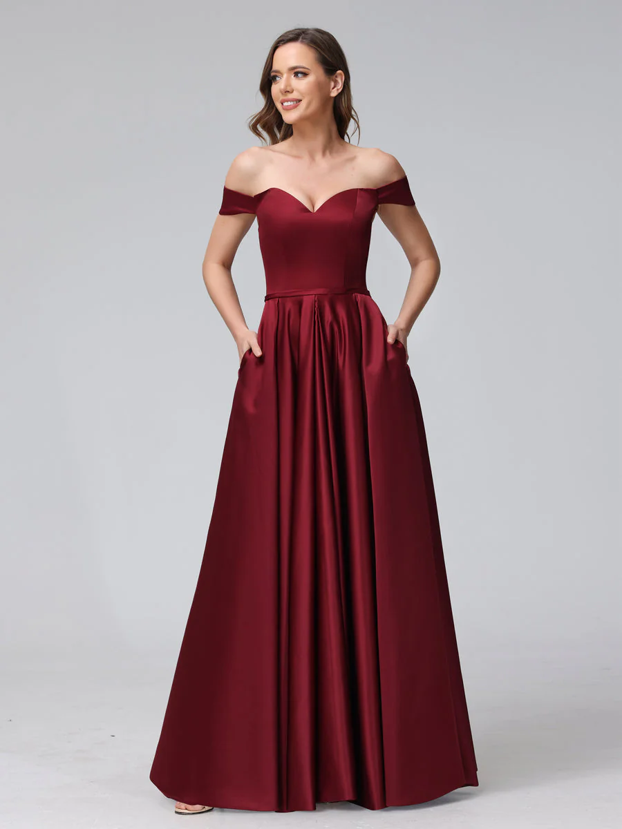 A-Line Off-the-Shoulder Sweetheart Satin Maxi Dresses with Pockets - Image 5