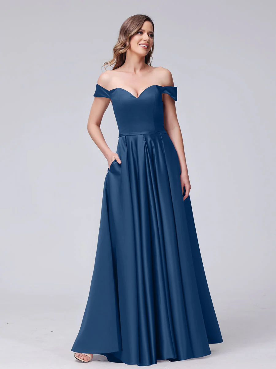 A-Line Off-the-Shoulder Sweetheart Satin Maxi Dresses with Pockets - Image 54