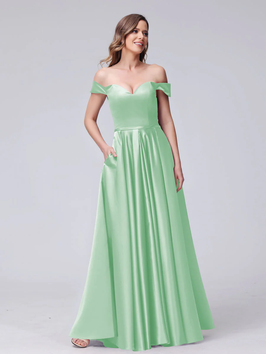 A-Line Off-the-Shoulder Sweetheart Satin Maxi Dresses with Pockets - Image 57