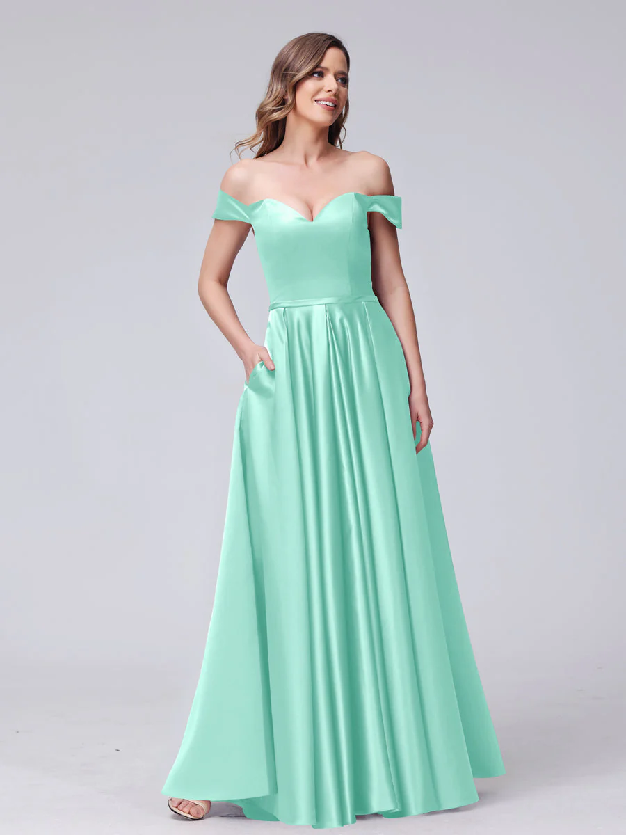 A-Line Off-the-Shoulder Sweetheart Satin Maxi Dresses with Pockets - Image 58