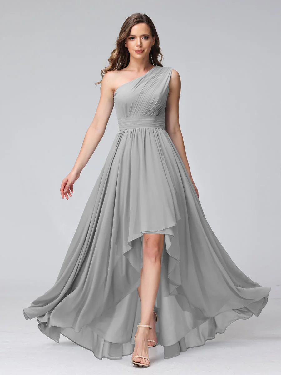 A-Line One-Shoulder Sleeveless Chiffon High Low Bridesmaid Dresses with Pockets - Image 22