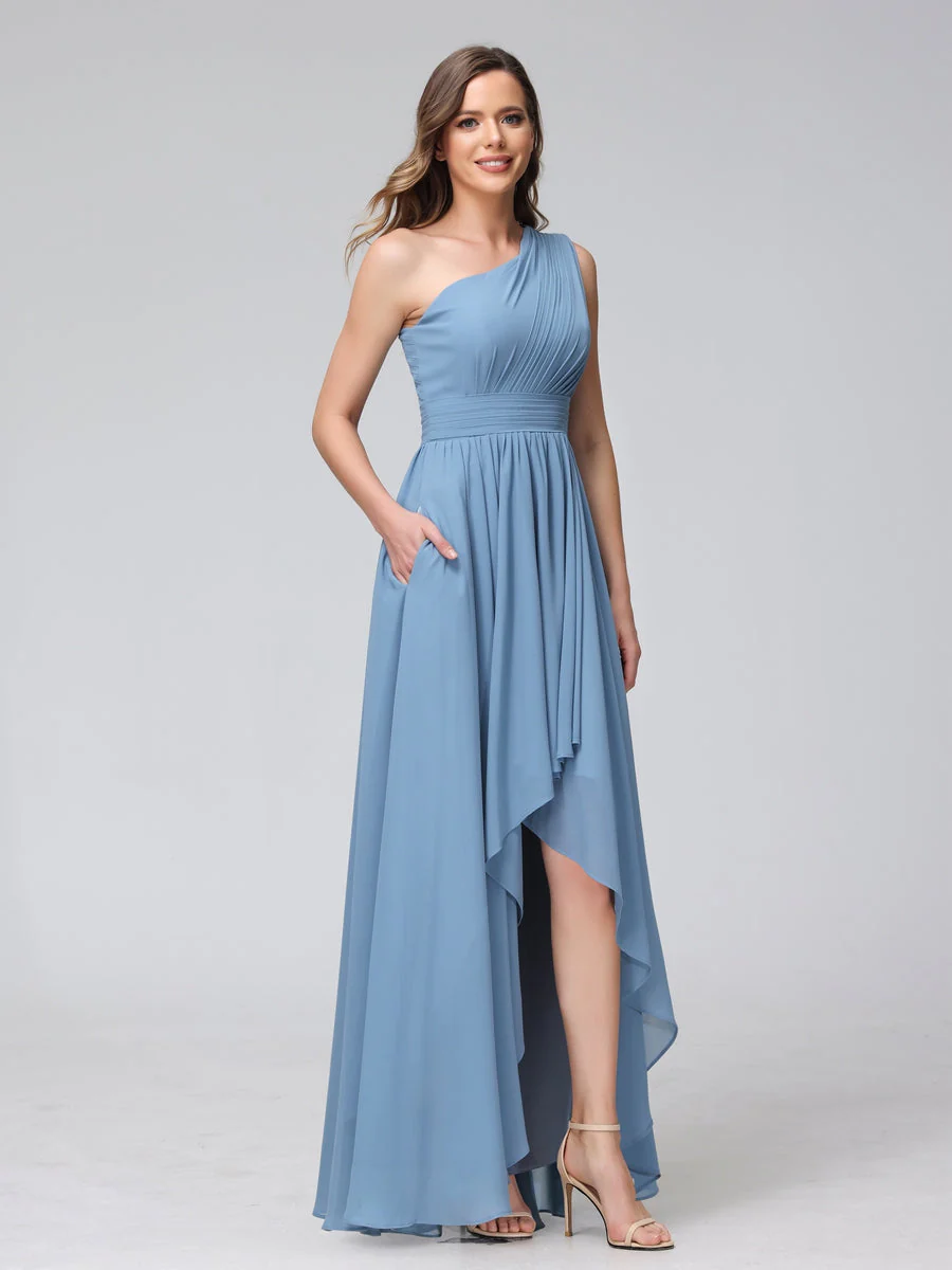 A-Line One-Shoulder Sleeveless Chiffon High Low Bridesmaid Dresses with Pockets - Image 3