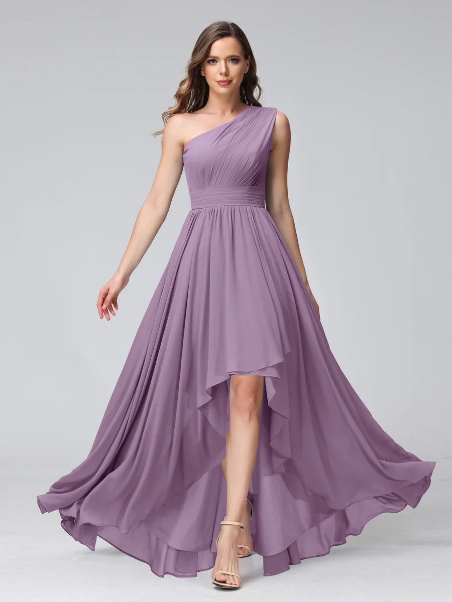 A-Line One-Shoulder Sleeveless Chiffon High Low Bridesmaid Dresses with Pockets - Image 40