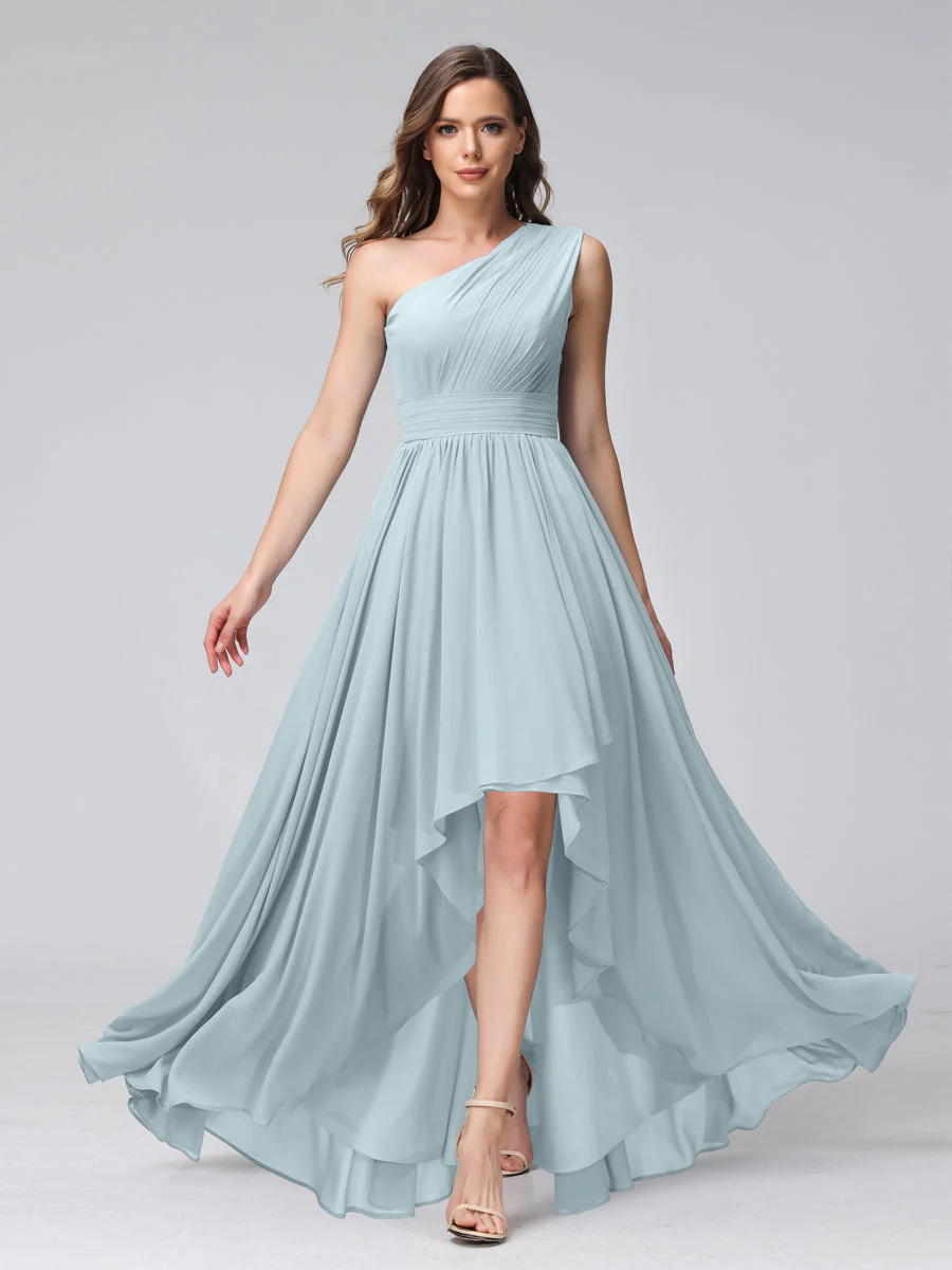 A-Line One-Shoulder Sleeveless Chiffon High Low Bridesmaid Dresses with Pockets - Image 47