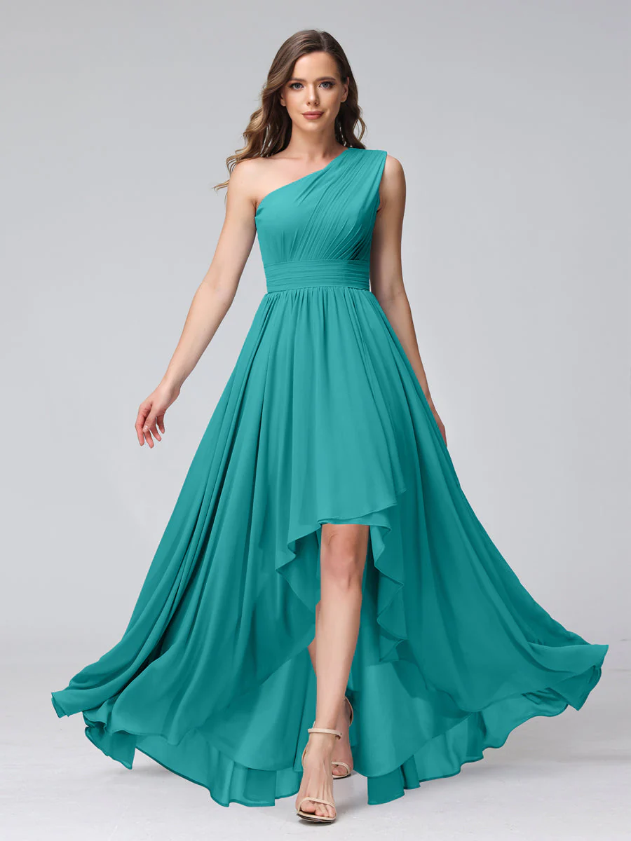 A-Line One-Shoulder Sleeveless Chiffon High Low Bridesmaid Dresses with Pockets - Image 52
