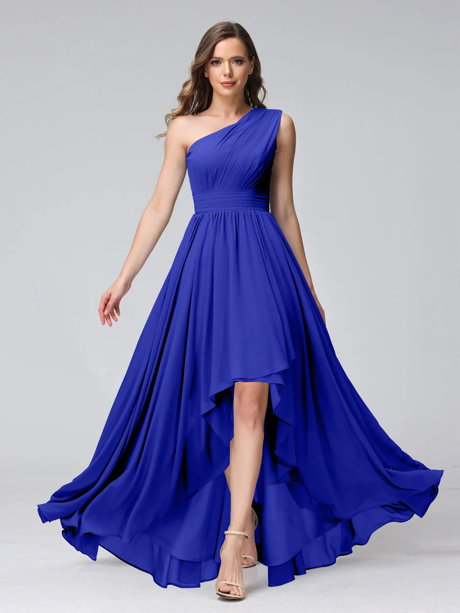 A-Line One-Shoulder Sleeveless Chiffon High Low Bridesmaid Dresses with Pockets - Image 55