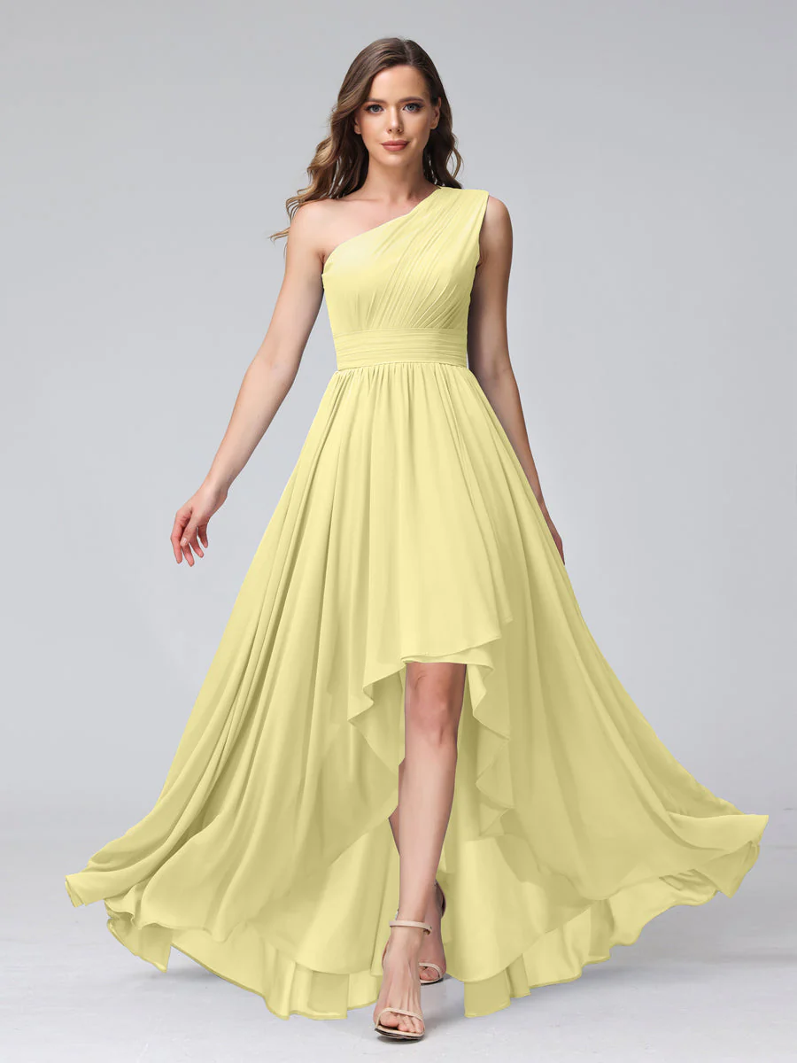 A-Line One-Shoulder Sleeveless Chiffon High Low Bridesmaid Dresses with Pockets - Image 69