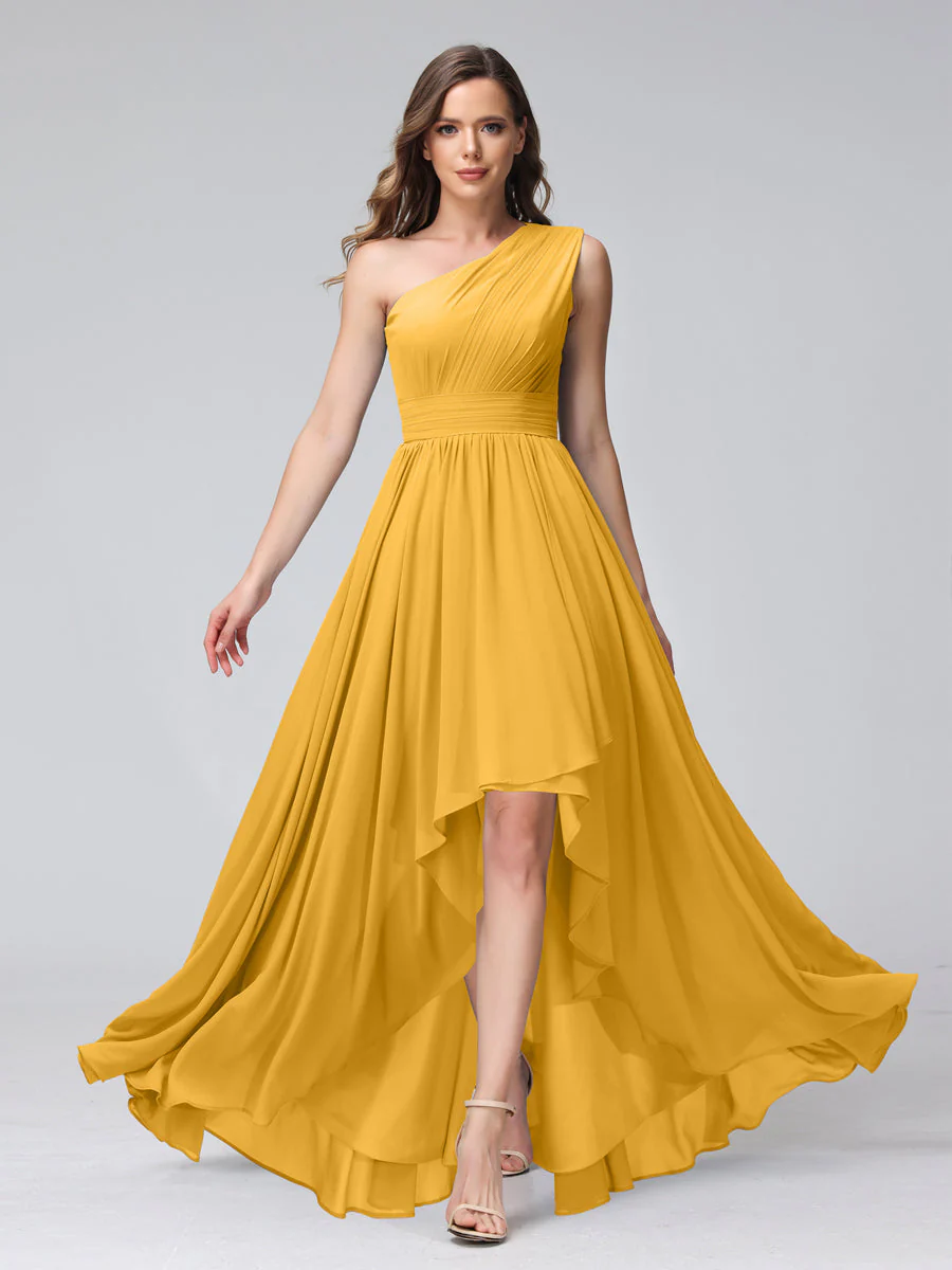 A-Line One-Shoulder Sleeveless Chiffon High Low Bridesmaid Dresses with Pockets - Image 70