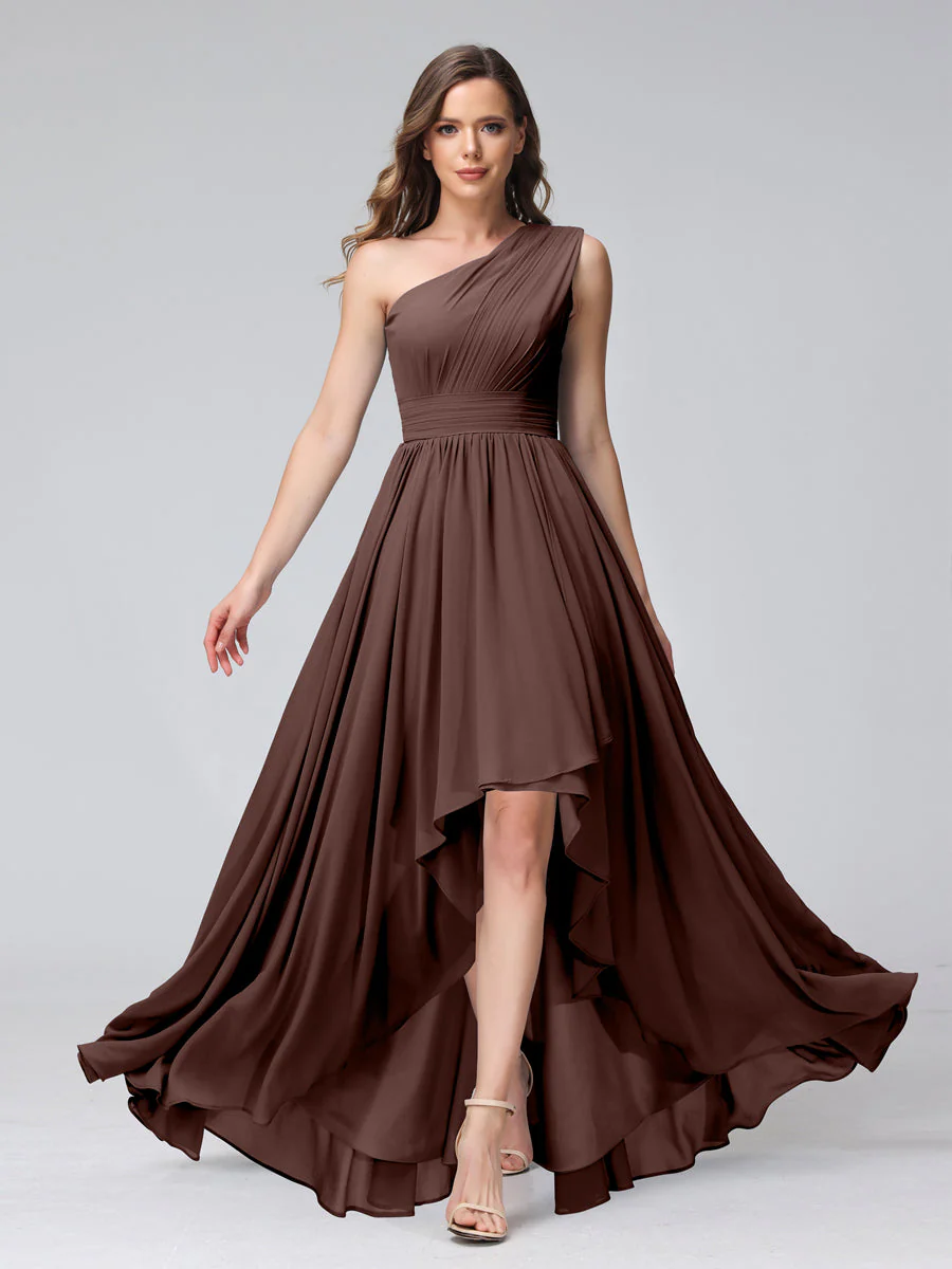 A-Line One-Shoulder Sleeveless Chiffon High Low Bridesmaid Dresses with Pockets - Image 76