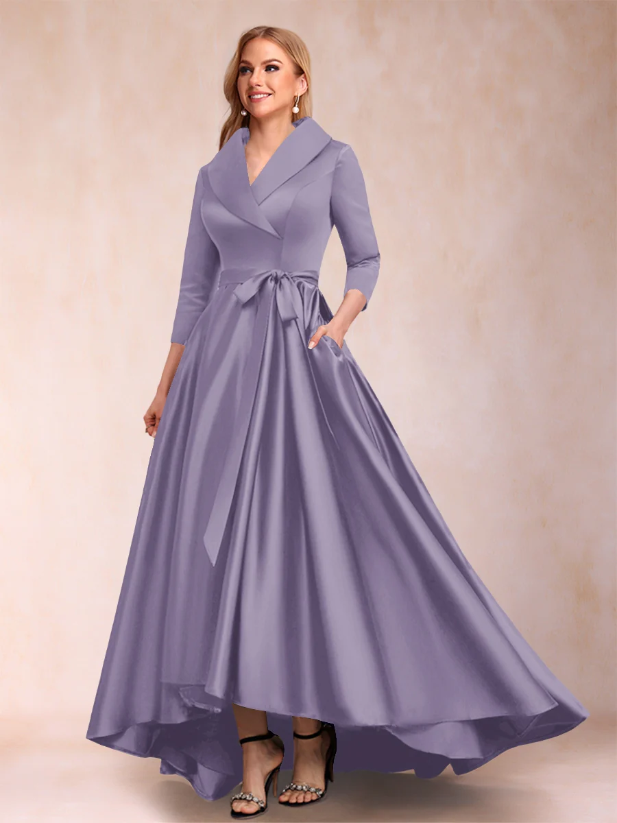 A-Line/Princess 3/4 Sleeves Asymmetrical V-Neck Mother of the Bride Dresses - Image 15