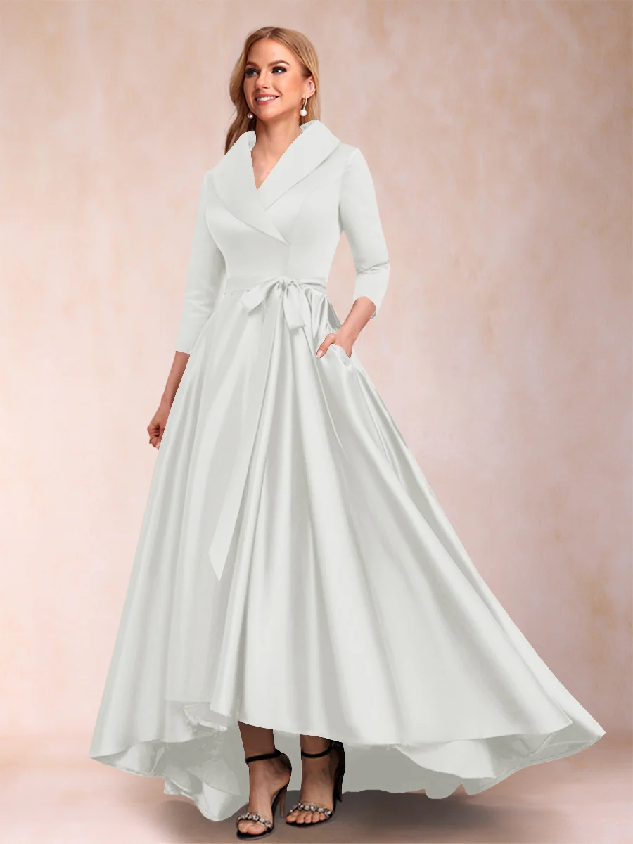 A-Line/Princess 3/4 Sleeves Asymmetrical V-Neck Mother of the Bride Dresses - Image 27