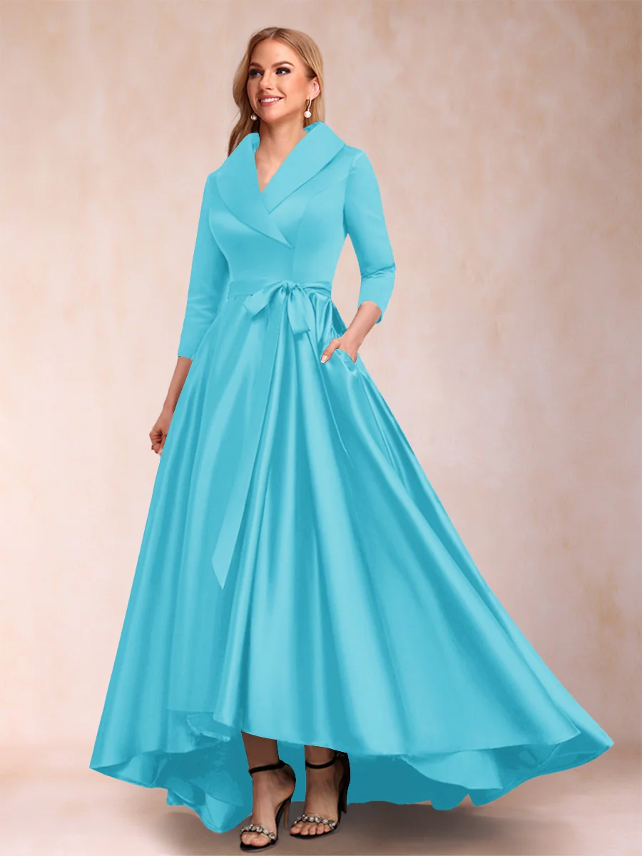 A-Line/Princess 3/4 Sleeves Asymmetrical V-Neck Mother of the Bride Dresses - Image 3
