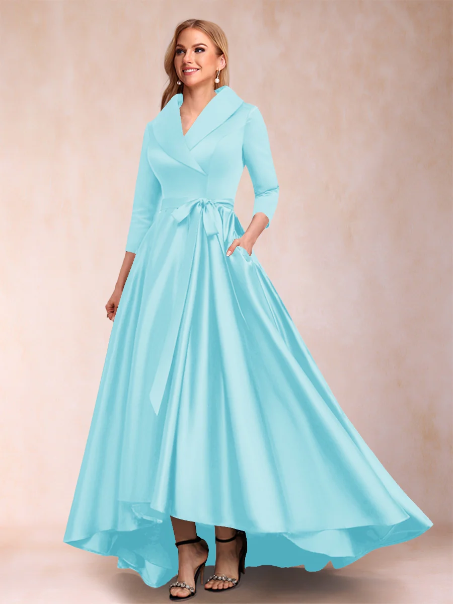 A-Line/Princess 3/4 Sleeves Asymmetrical V-Neck Mother of the Bride Dresses - Image 35