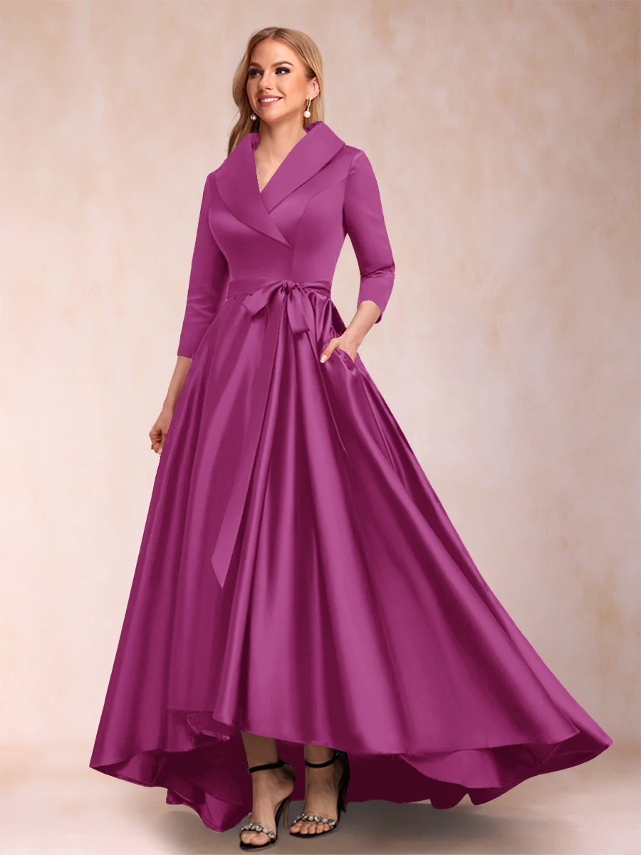 A-Line/Princess 3/4 Sleeves Asymmetrical V-Neck Mother of the Bride Dresses - Image 45