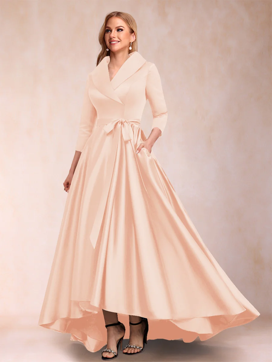 A-Line/Princess 3/4 Sleeves Asymmetrical V-Neck Mother of the Bride Dresses - Image 46