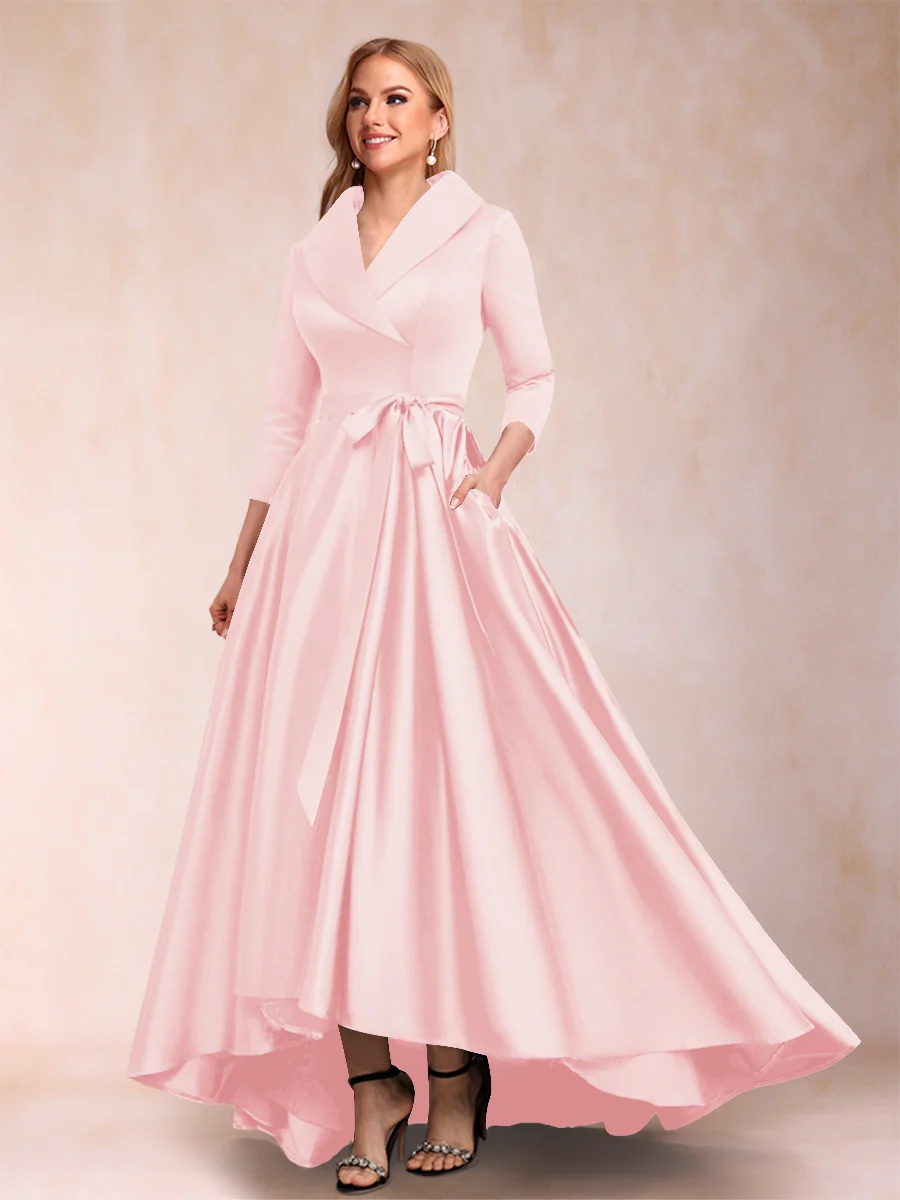 A-Line/Princess 3/4 Sleeves Asymmetrical V-Neck Mother of the Bride Dresses - Image 5