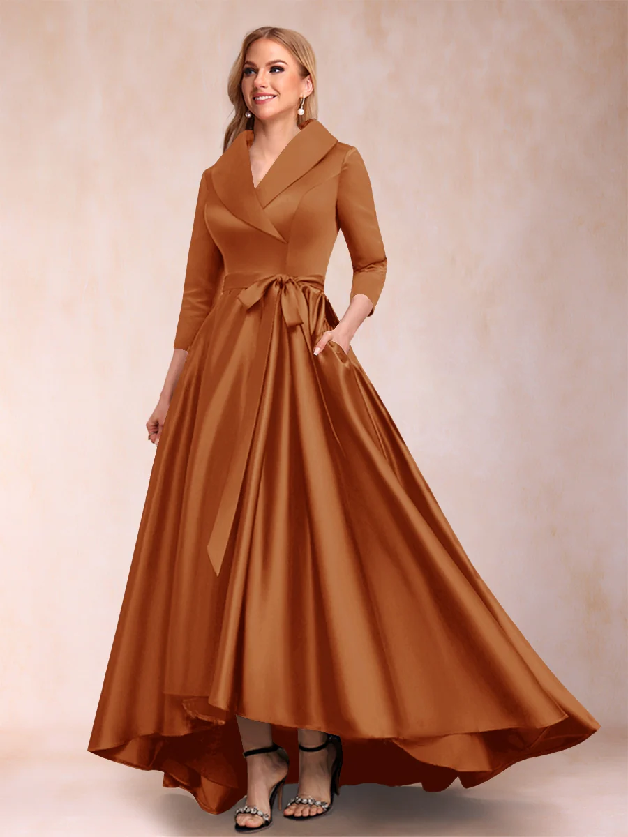 A-Line/Princess 3/4 Sleeves Asymmetrical V-Neck Mother of the Bride Dresses - Image 8