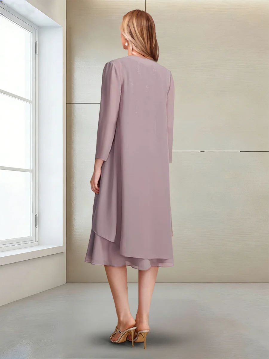 A-Line/Princess Long Sleeves Scoop Tea-Length Mother of the Bride with Sequins & Beading - Image 2