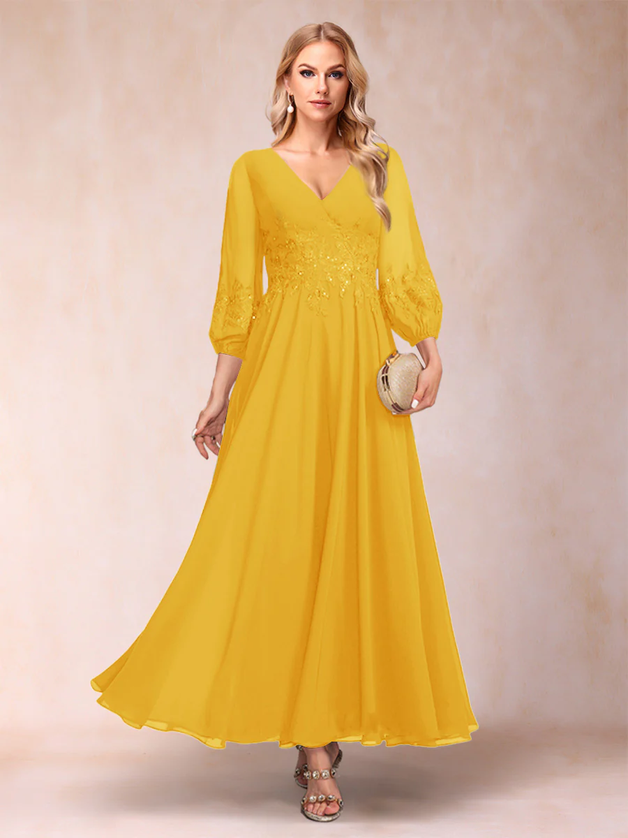 A-Line/Princess Ankle-Length 3/4 Sleeves V-Neck Mother of the Bride Dresses - Image 23