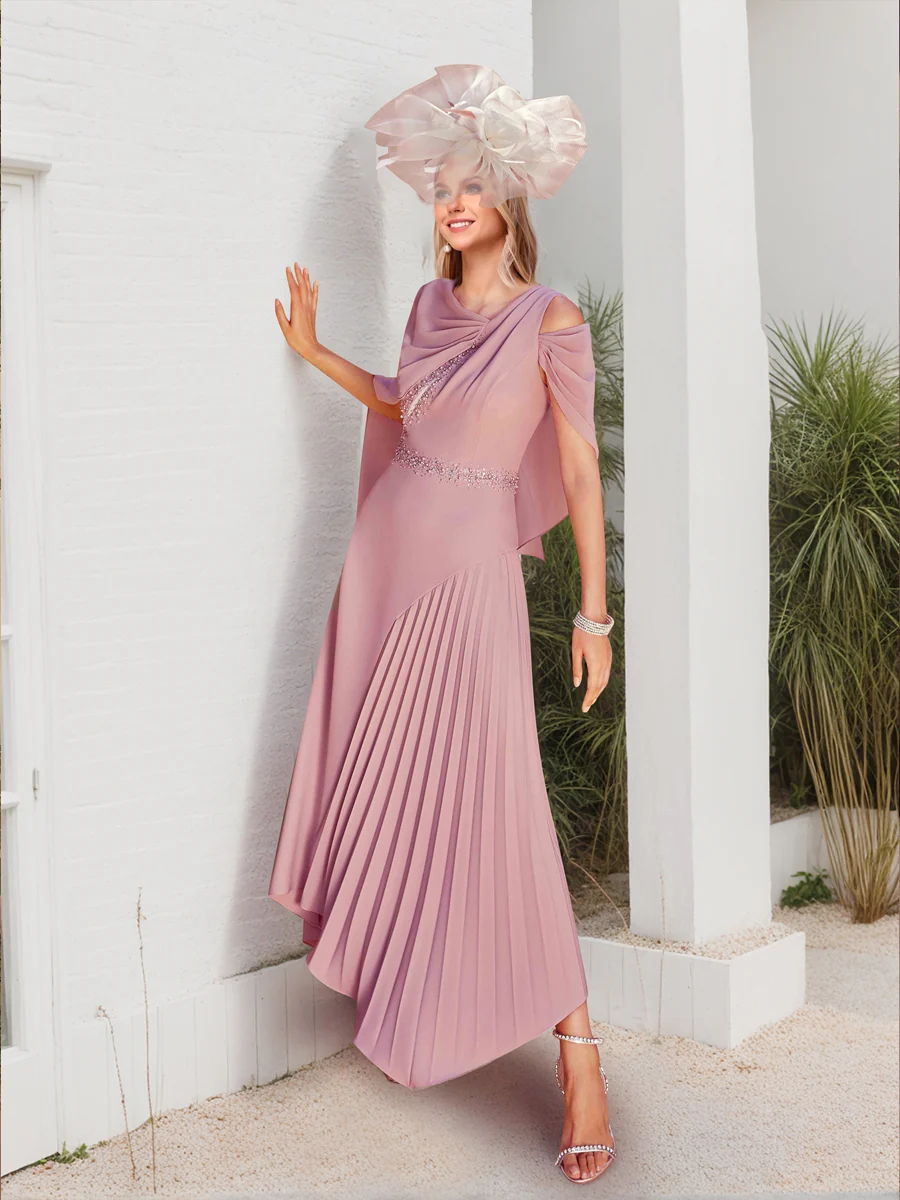 A-Line/Princess Asymmetrical Shoulder Beaded Mother of the Bride Dresses with Cape
