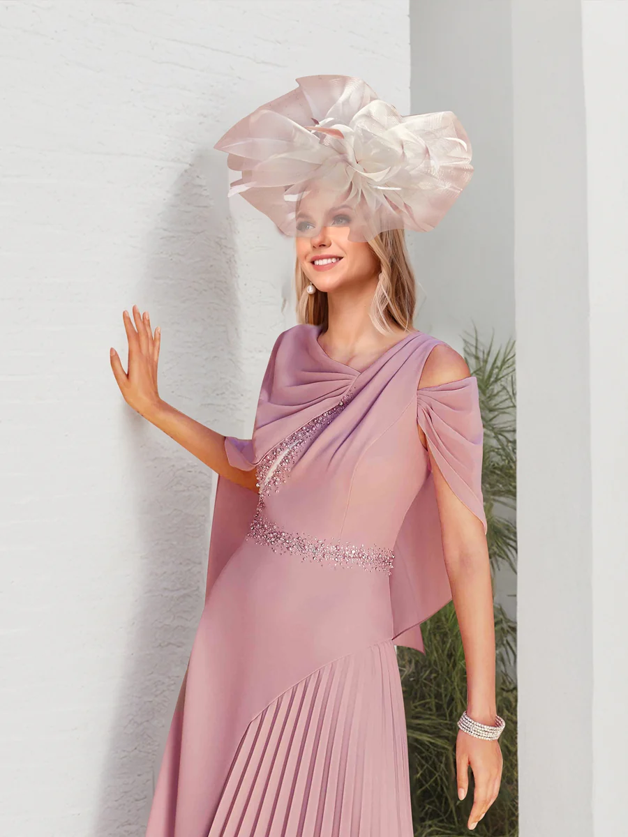 A-Line/Princess Asymmetrical Shoulder Beaded Mother of the Bride Dresses with Cape - Image 3