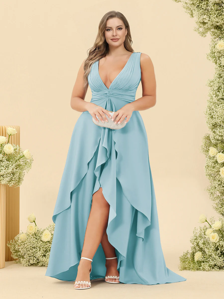 A-Line/Princess Asymmetrical V-Neck Plus Size Bridesmaid Dresses With Ruffles - Image 33