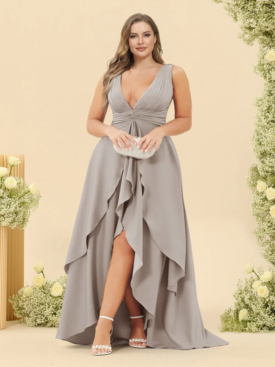 A-Line/Princess Asymmetrical V-Neck Plus Size Bridesmaid Dresses With Ruffles - Image 56