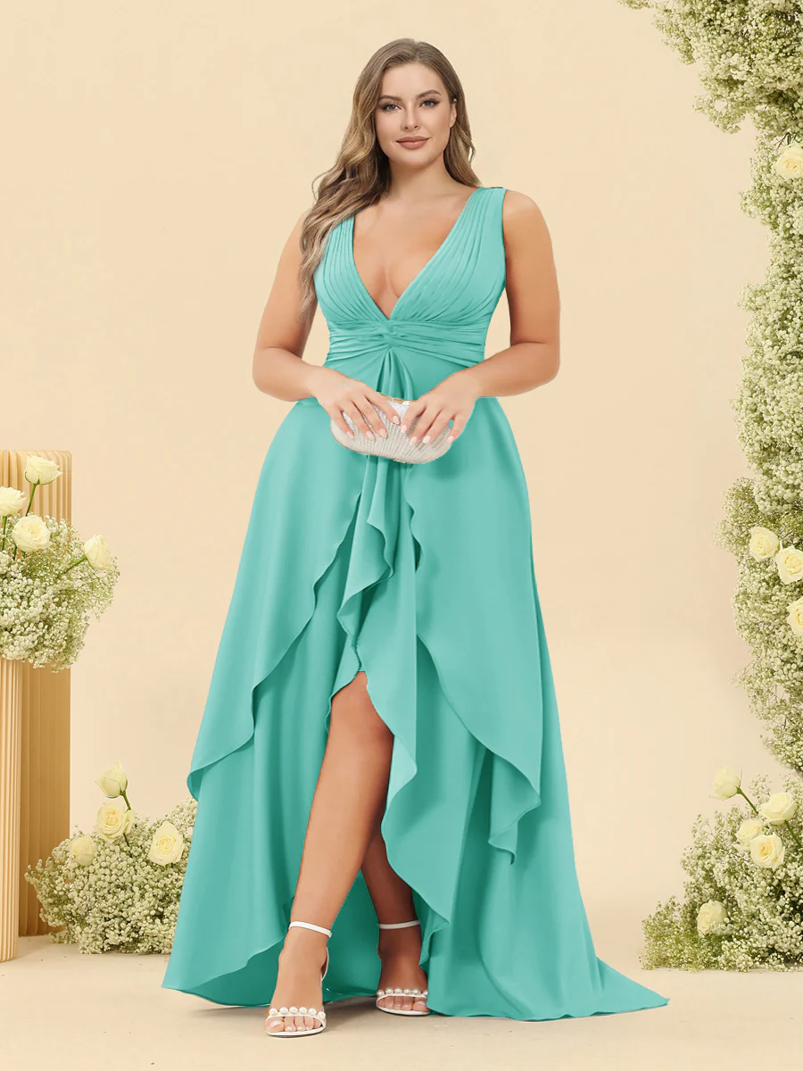 A-Line/Princess Asymmetrical V-Neck Plus Size Bridesmaid Dresses With Ruffles - Image 60