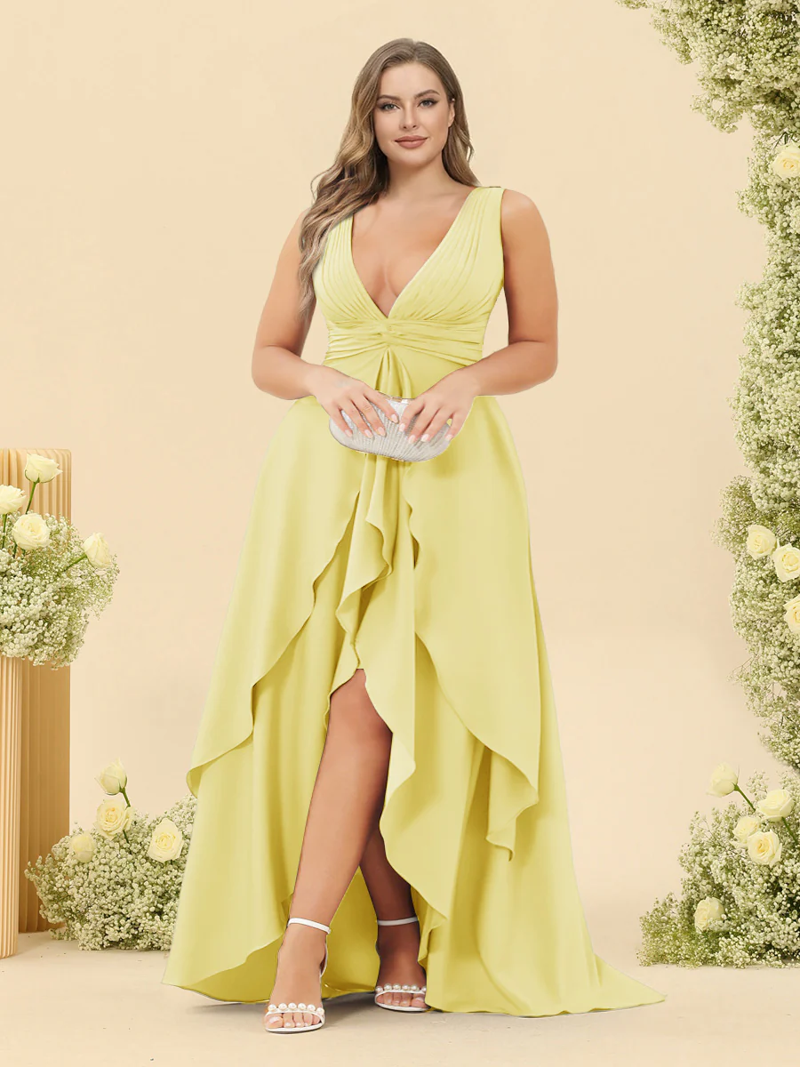 A-Line/Princess Asymmetrical V-Neck Plus Size Bridesmaid Dresses With Ruffles - Image 62