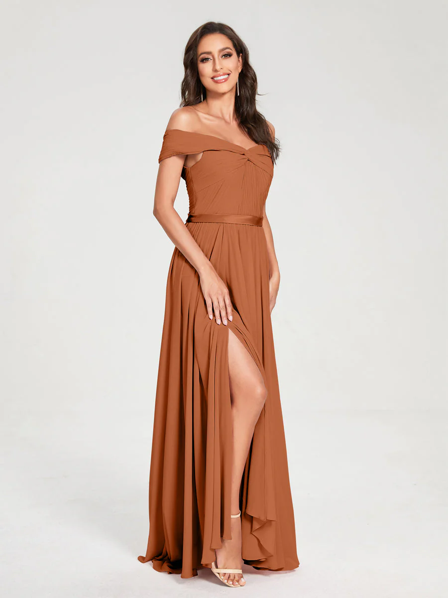A-Line/Princess Chiffon Off-the-Shoulder Sleeveless Floor-Length Split Side With Belt Bridesmaid Dresses - Image 10