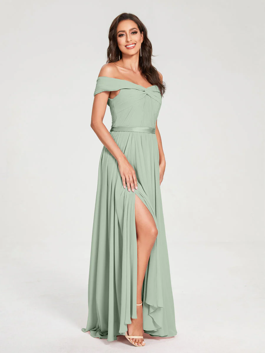 A-Line/Princess Chiffon Off-the-Shoulder Sleeveless Floor-Length Split Side With Belt Bridesmaid Dresses - Image 11