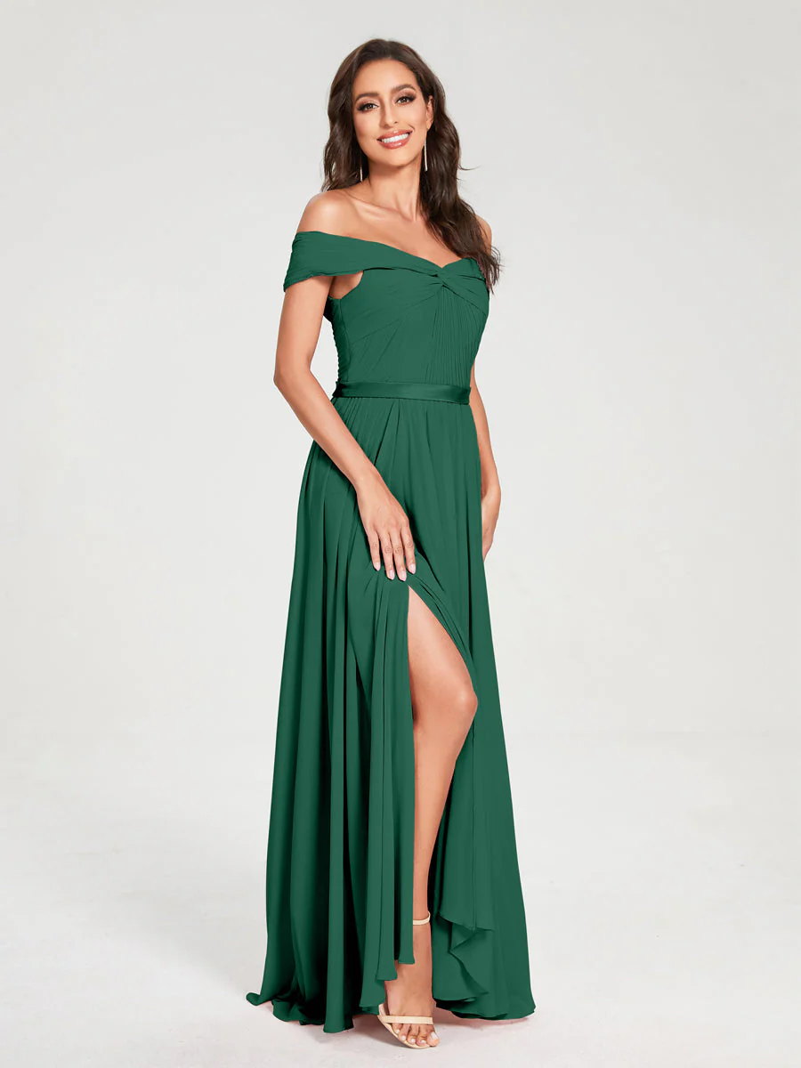 A-Line/Princess Chiffon Off-the-Shoulder Sleeveless Floor-Length Split Side With Belt Bridesmaid Dresses - Image 12