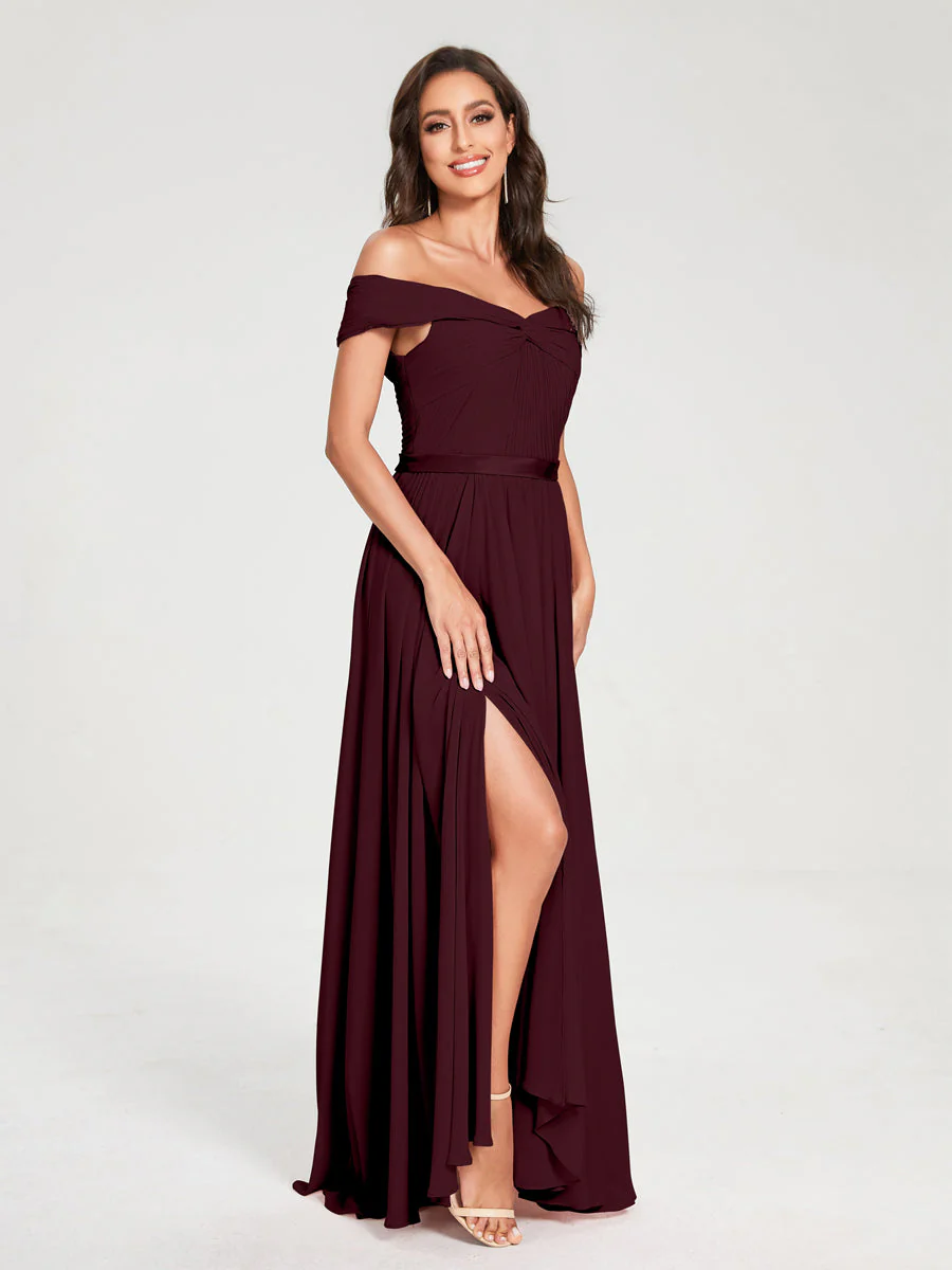 A-Line/Princess Chiffon Off-the-Shoulder Sleeveless Floor-Length Split Side With Belt Bridesmaid Dresses - Image 13