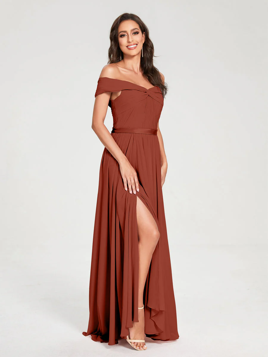 A-Line/Princess Chiffon Off-the-Shoulder Sleeveless Floor-Length Split Side With Belt Bridesmaid Dresses - Image 14