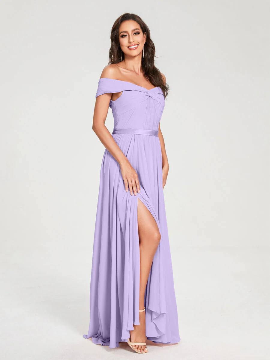 A-Line/Princess Chiffon Off-the-Shoulder Sleeveless Floor-Length Split Side With Belt Bridesmaid Dresses - Image 15