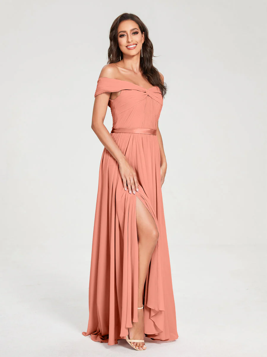 A-Line/Princess Chiffon Off-the-Shoulder Sleeveless Floor-Length Split Side With Belt Bridesmaid Dresses - Image 16