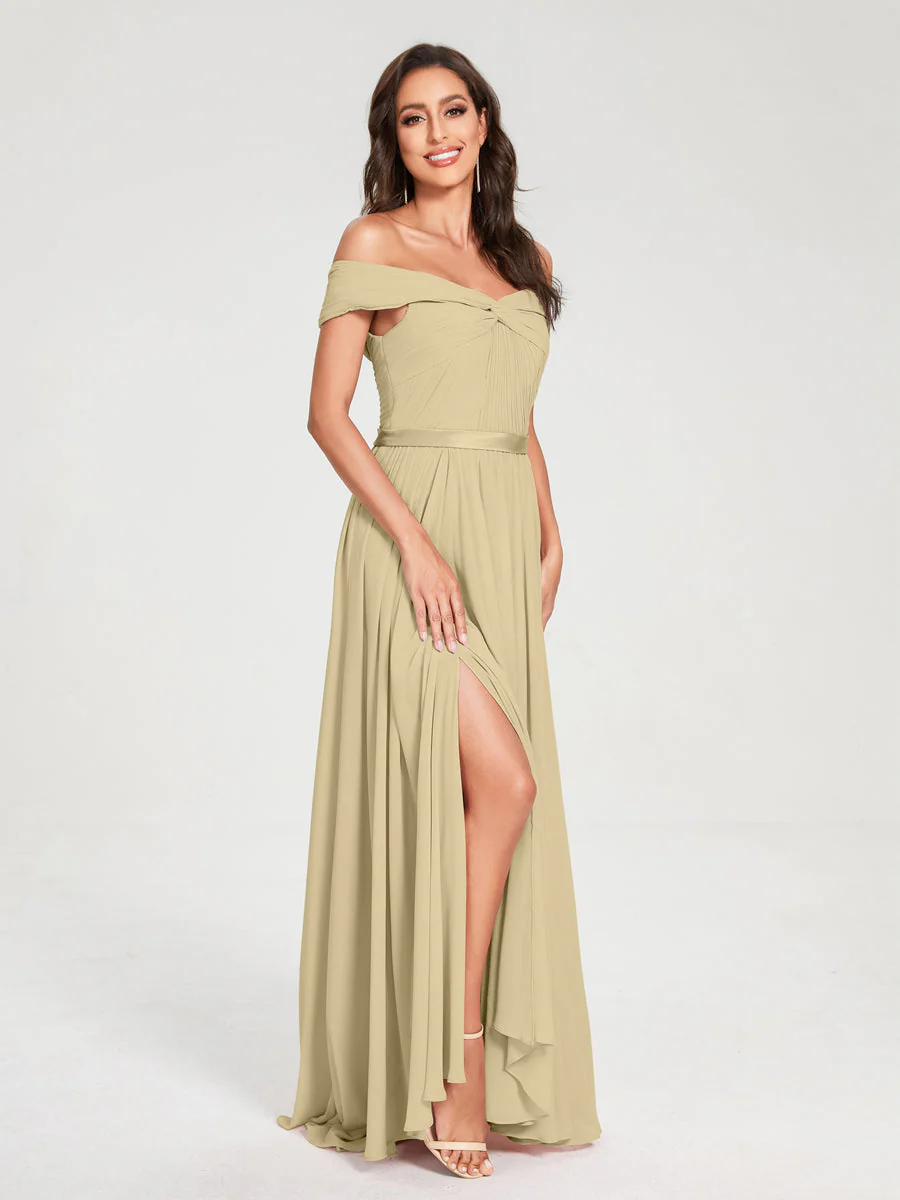 A-Line/Princess Chiffon Off-the-Shoulder Sleeveless Floor-Length Split Side With Belt Bridesmaid Dresses - Image 25