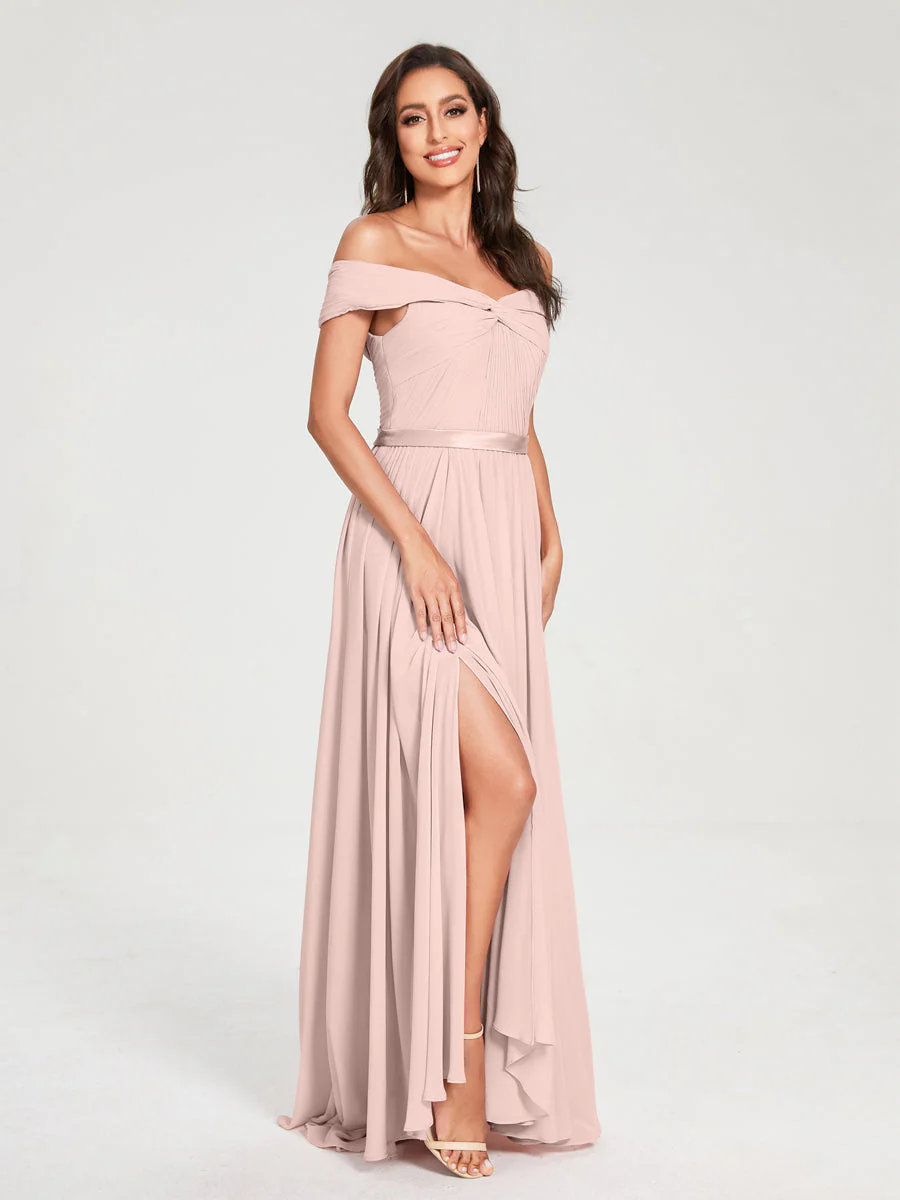 A-Line/Princess Chiffon Off-the-Shoulder Sleeveless Floor-Length Split Side With Belt Bridesmaid Dresses - Image 27