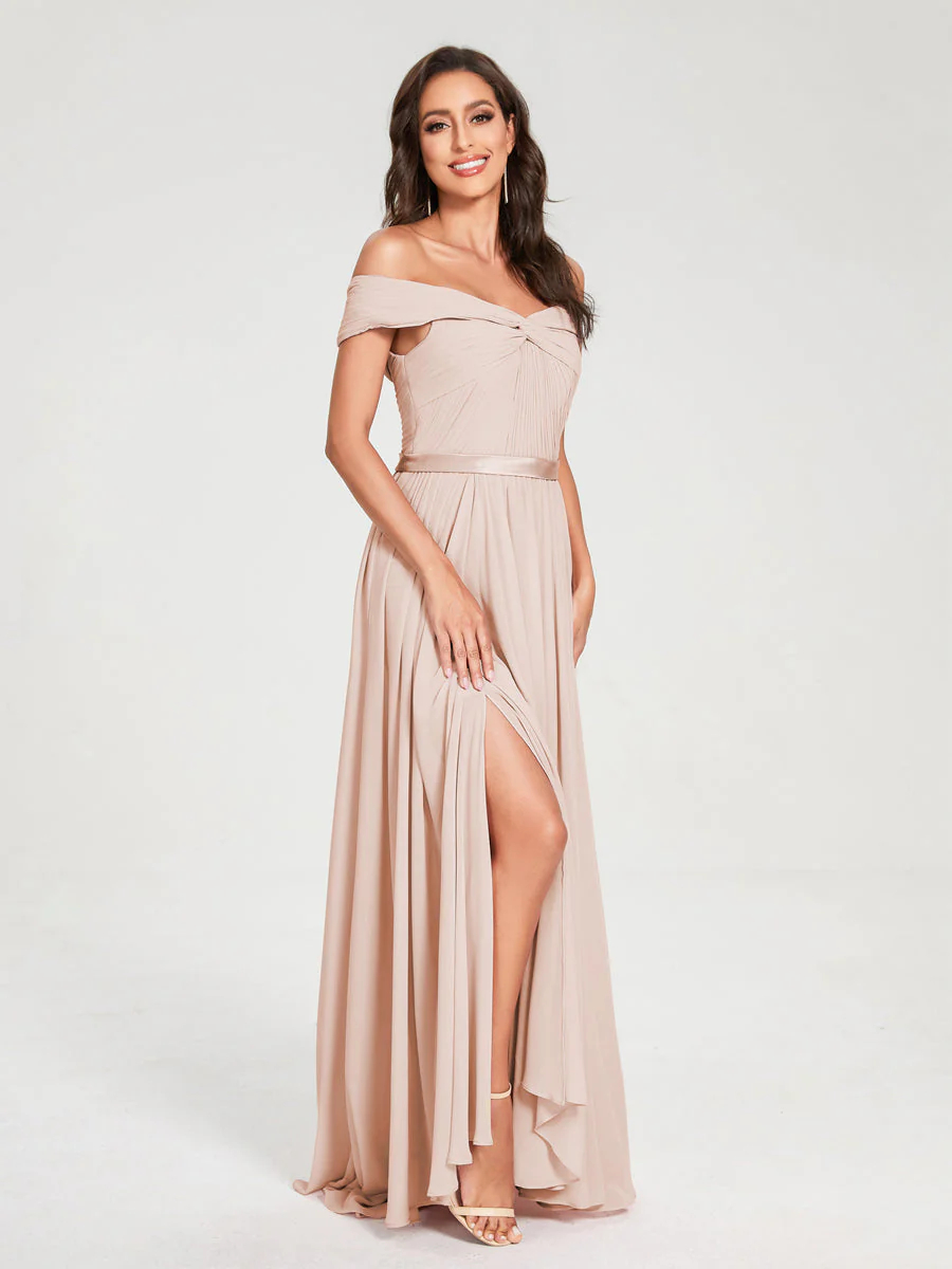 A-Line/Princess Chiffon Off-the-Shoulder Sleeveless Floor-Length Split Side With Belt Bridesmaid Dresses - Image 29