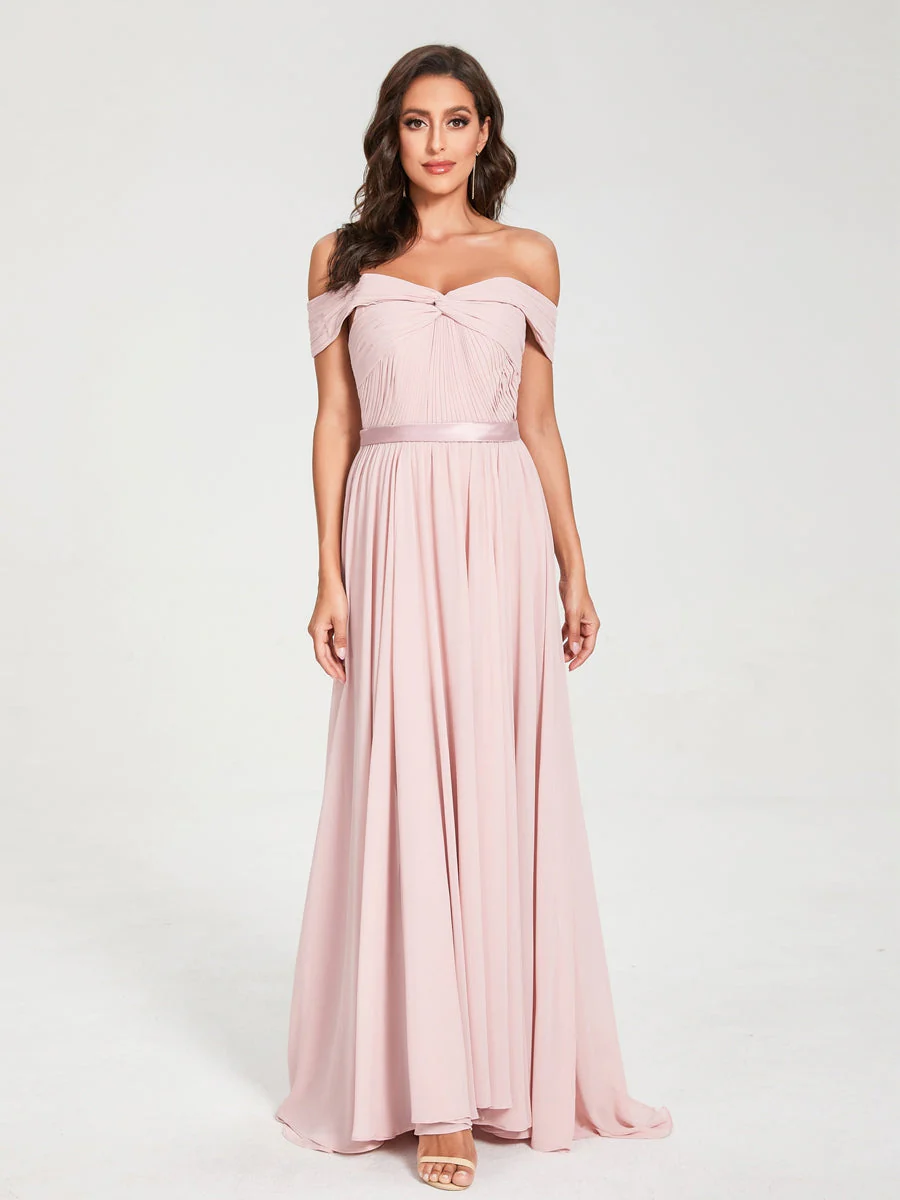 A-Line/Princess Chiffon Off-the-Shoulder Sleeveless Floor-Length Split Side With Belt Bridesmaid Dresses - Image 3