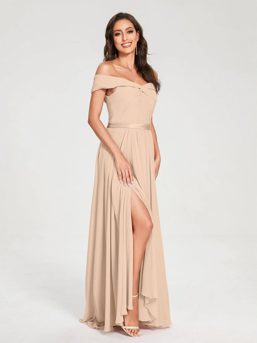 A-Line/Princess Chiffon Off-the-Shoulder Sleeveless Floor-Length Split Side With Belt Bridesmaid Dresses - Image 30