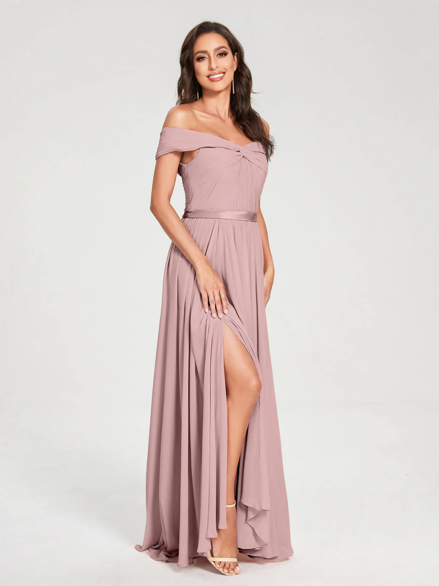 A-Line/Princess Chiffon Off-the-Shoulder Sleeveless Floor-Length Split Side With Belt Bridesmaid Dresses - Image 31