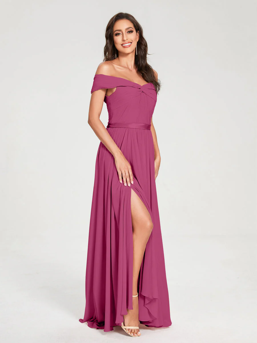 A-Line/Princess Chiffon Off-the-Shoulder Sleeveless Floor-Length Split Side With Belt Bridesmaid Dresses - Image 36