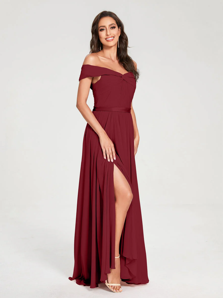 A-Line/Princess Chiffon Off-the-Shoulder Sleeveless Floor-Length Split Side With Belt Bridesmaid Dresses - Image 38