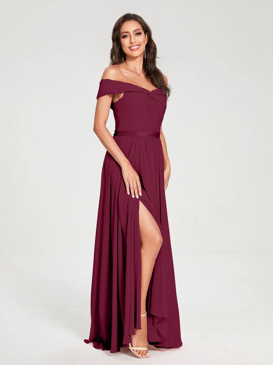 A-Line/Princess Chiffon Off-the-Shoulder Sleeveless Floor-Length Split Side With Belt Bridesmaid Dresses - Image 39