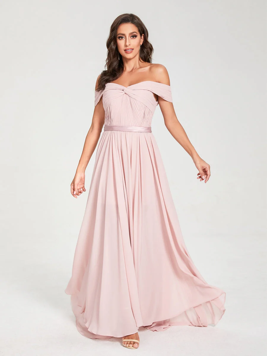 A-Line/Princess Chiffon Off-the-Shoulder Sleeveless Floor-Length Split Side With Belt Bridesmaid Dresses - Image 4