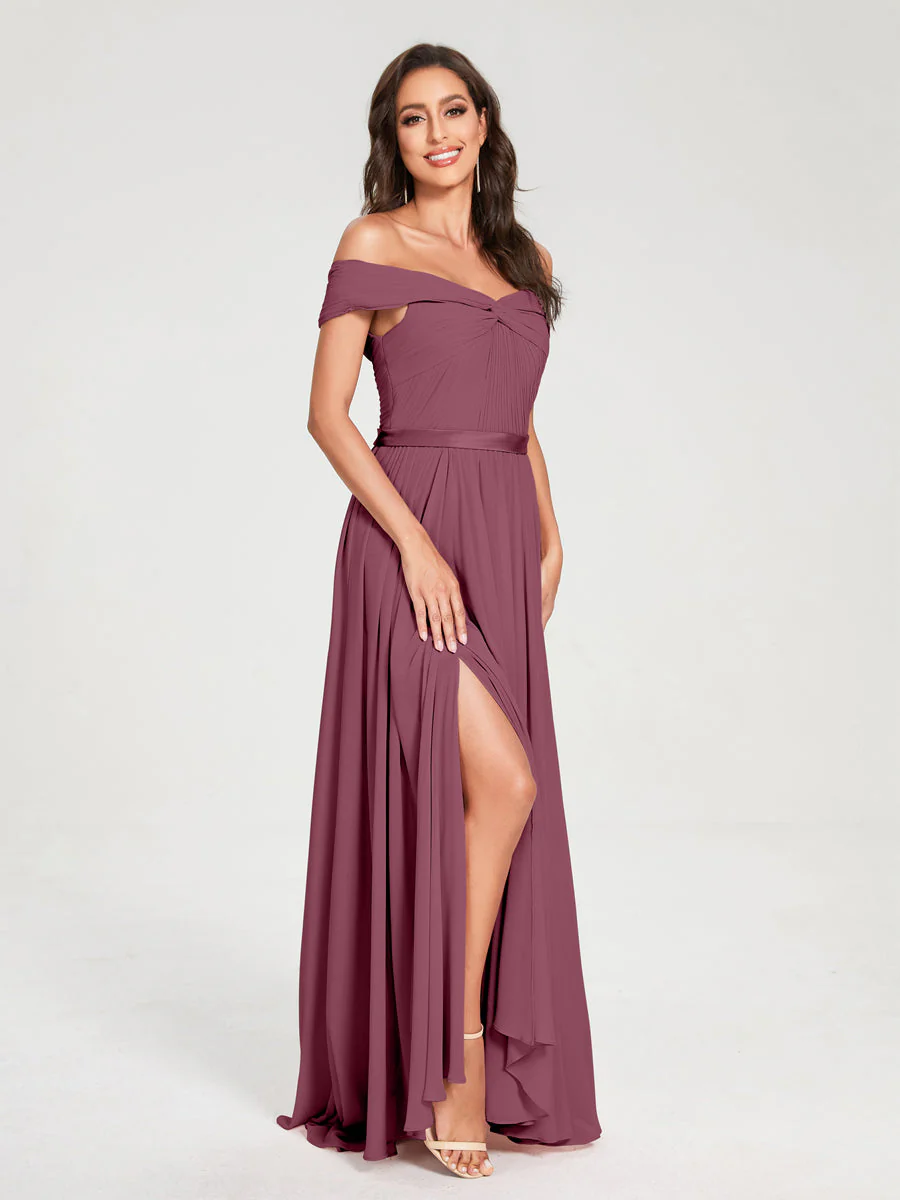 A-Line/Princess Chiffon Off-the-Shoulder Sleeveless Floor-Length Split Side With Belt Bridesmaid Dresses - Image 44