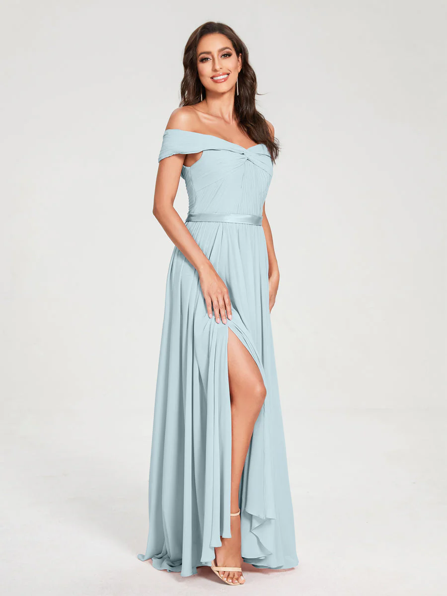 A-Line/Princess Chiffon Off-the-Shoulder Sleeveless Floor-Length Split Side With Belt Bridesmaid Dresses - Image 48