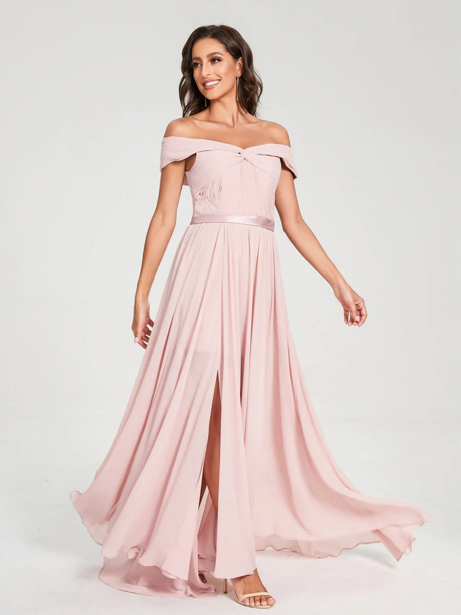 A-Line/Princess Chiffon Off-the-Shoulder Sleeveless Floor-Length Split Side With Belt Bridesmaid Dresses - Image 5