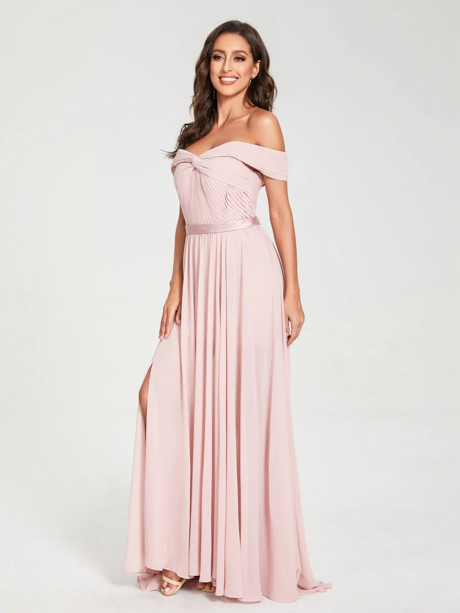 A-Line/Princess Chiffon Off-the-Shoulder Sleeveless Floor-Length Split Side With Belt Bridesmaid Dresses - Image 6